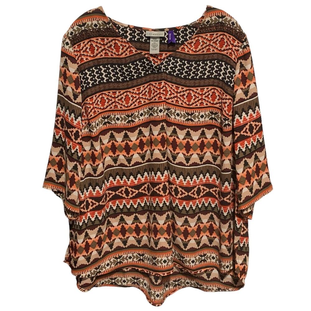 CATHERINES Top 1XWP (18/20WP) Boho Multicolor 3/4 Sleeves V-Neck Plus Petite